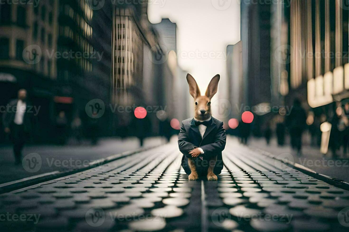 un' coniglio nel un' completo da uomo seduta su un' strada. ai-generato foto