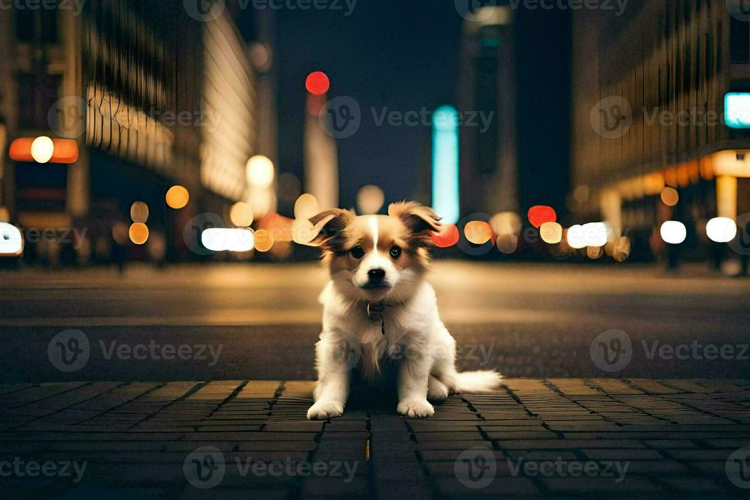 un' cane seduta su il strada a notte. ai-generato foto