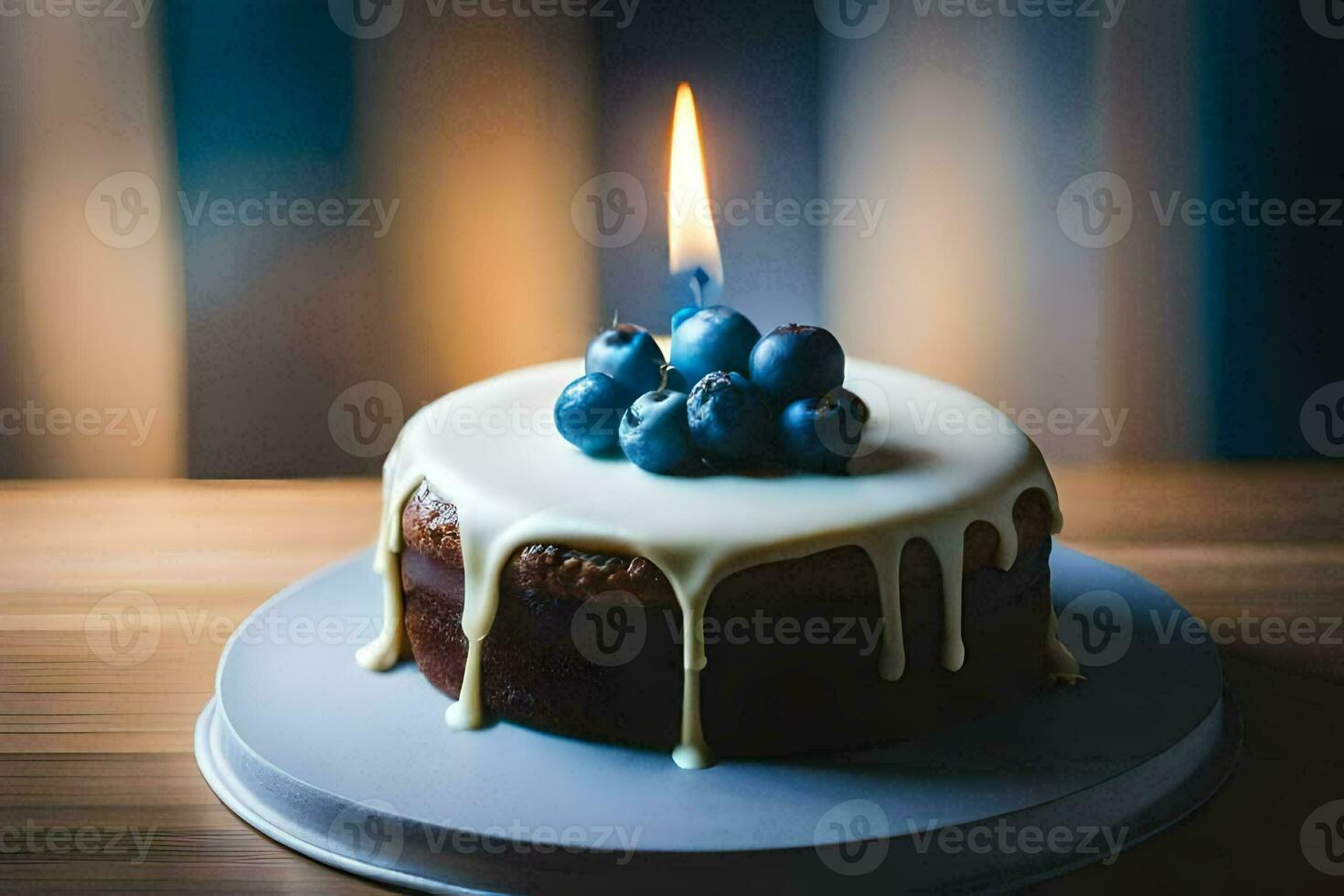 un' compleanno torta con mirtilli su superiore. ai-generato foto