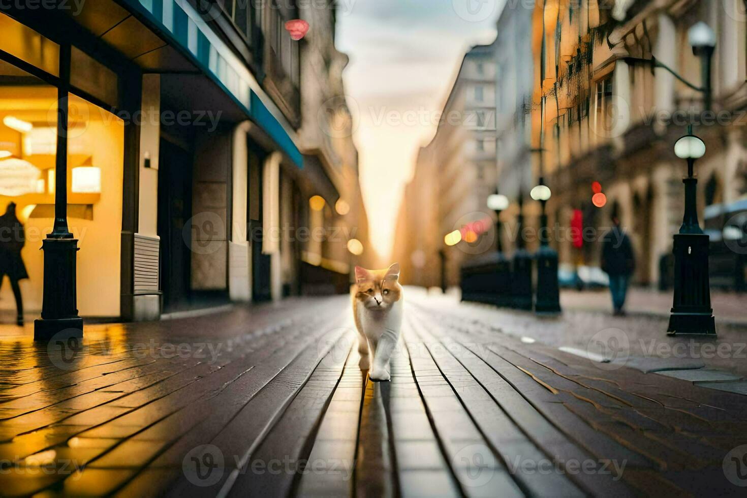un' gatto a piedi giù un' strada a tramonto. ai-generato foto
