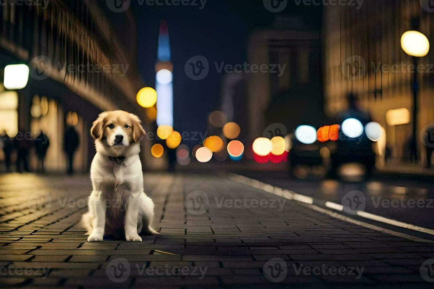 un' cane seduta su il strada a notte. ai-generato foto