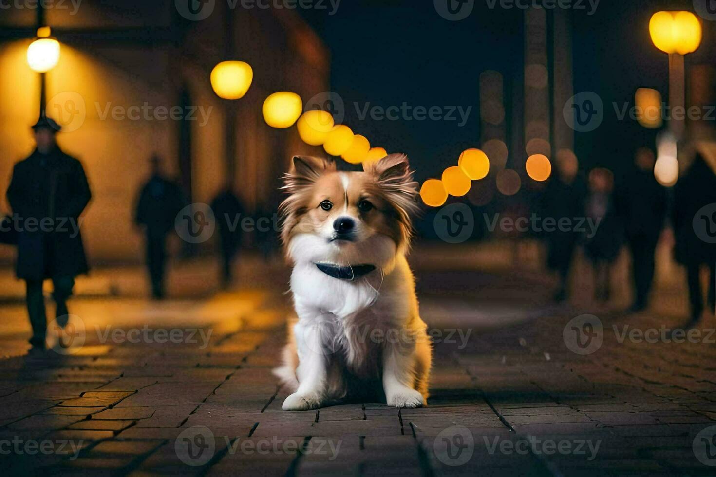 un' cane seduta su il strada a notte. ai-generato foto