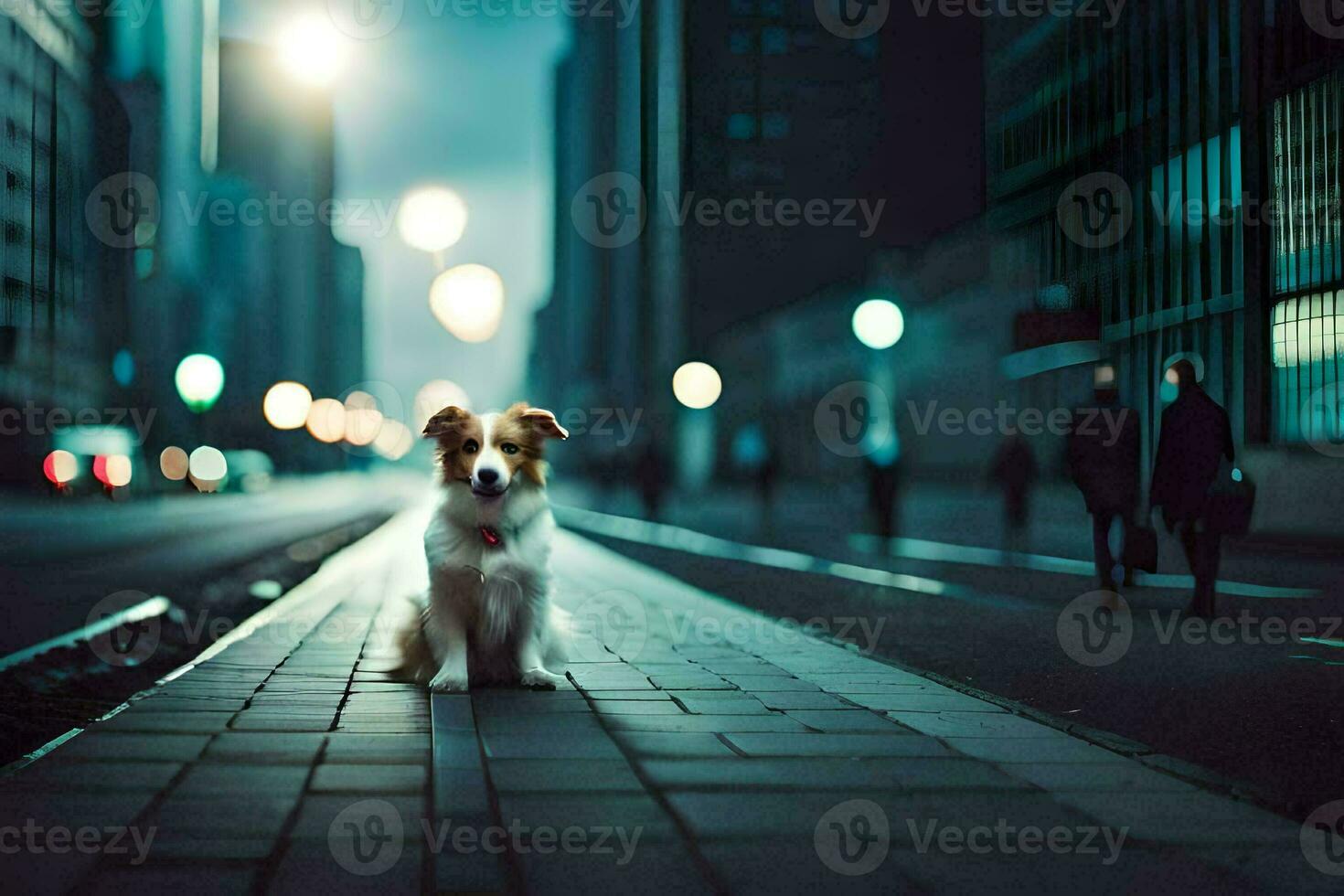 un' cane seduta su il marciapiede nel un' città a notte. ai-generato foto