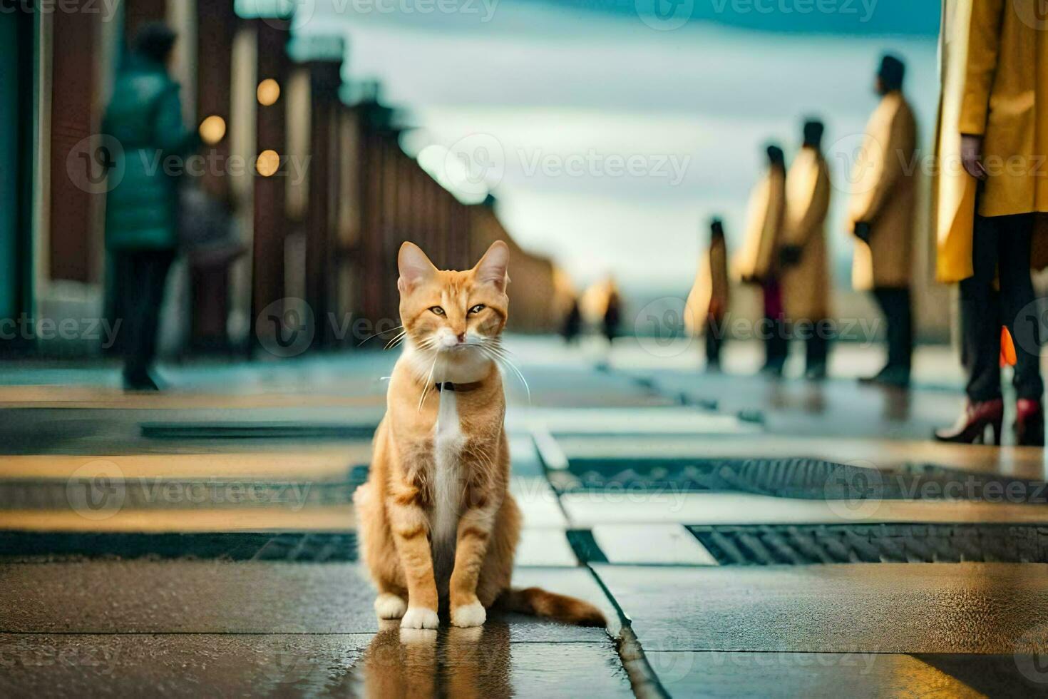 un arancia gatto seduta su il terra nel davanti di le persone. ai-generato foto