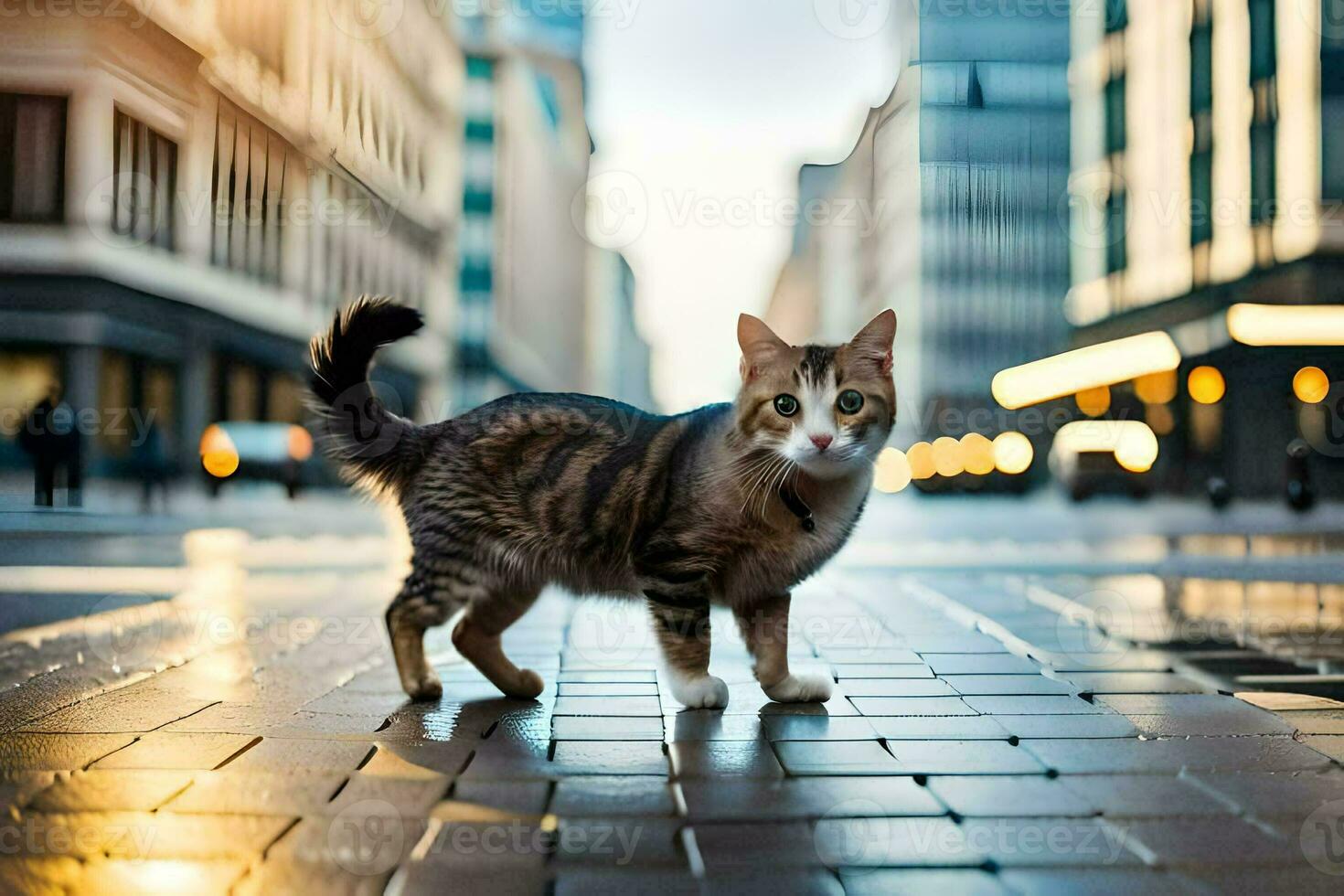 un' gatto a piedi su un' città strada a crepuscolo. ai-generato foto