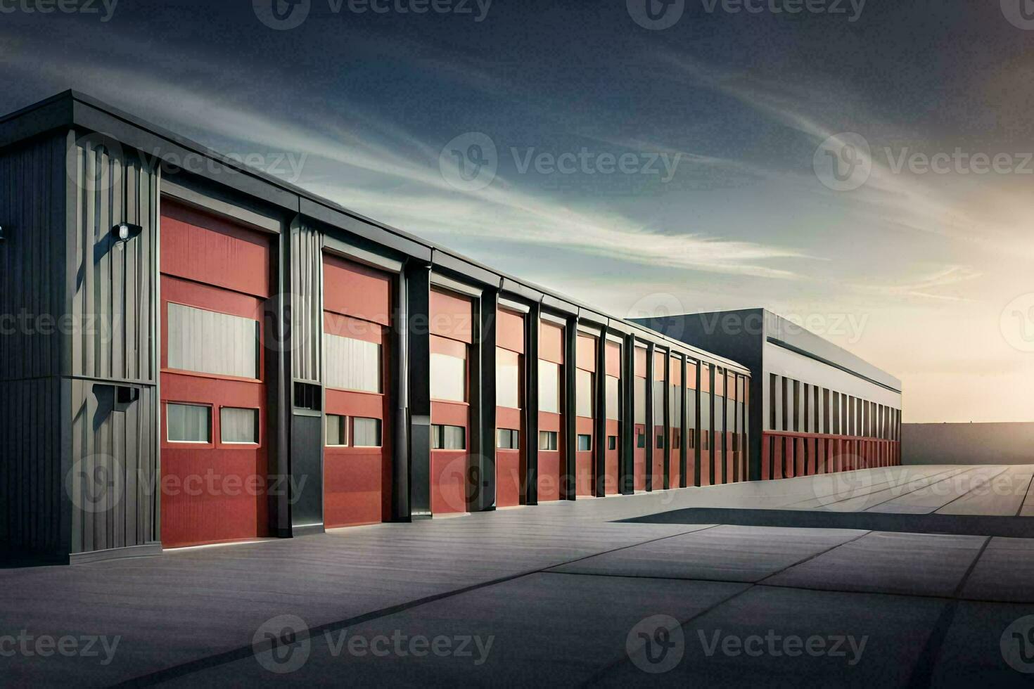 un' grande industriale edificio con rosso porte. ai-generato foto
