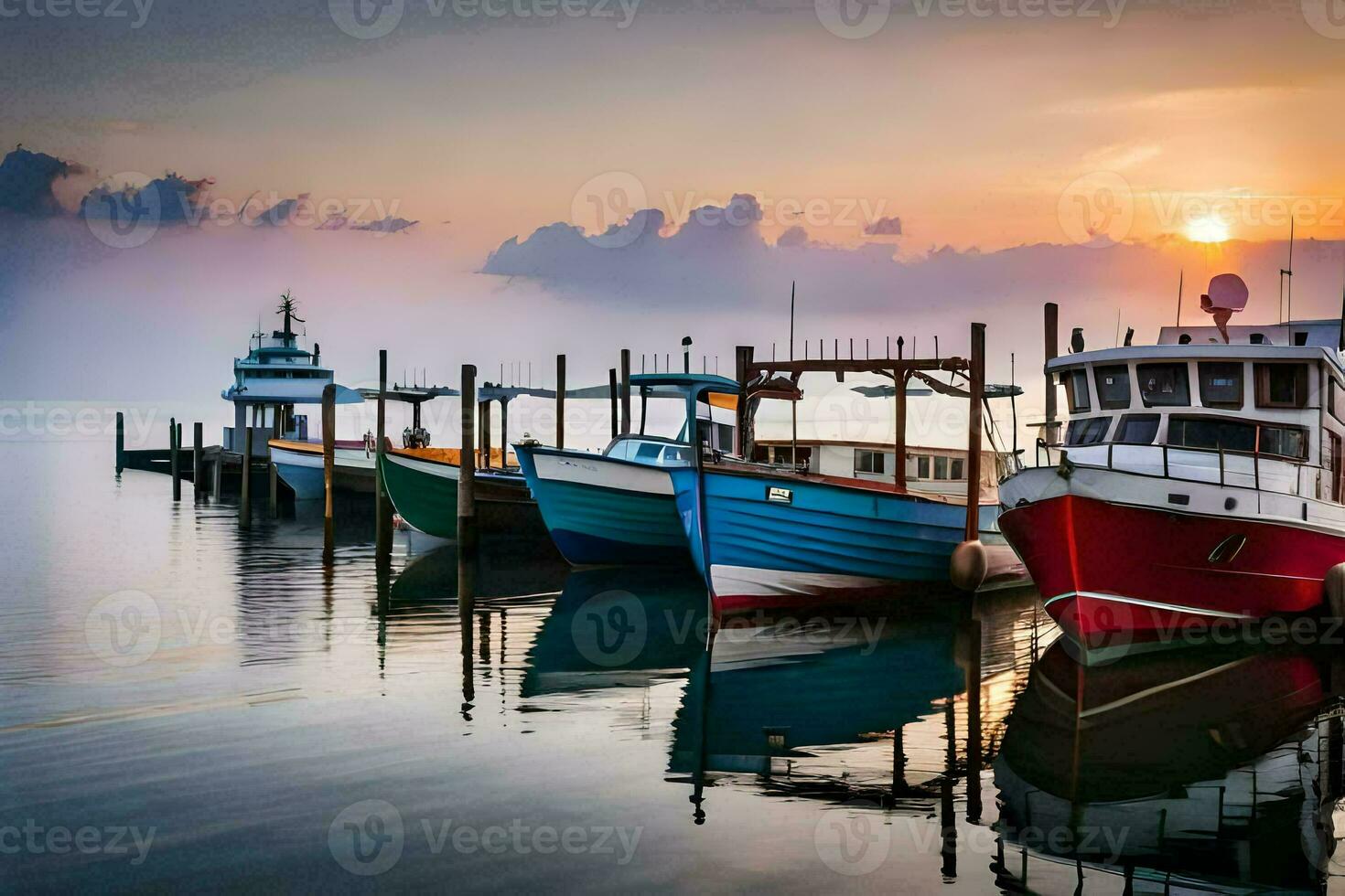 Barche attraccato a il molo a tramonto. ai-generato foto