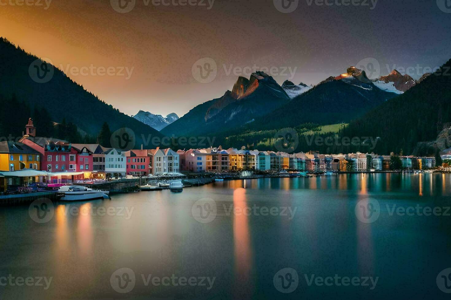 colorato case e montagne nel il sfondo a crepuscolo. ai-generato foto