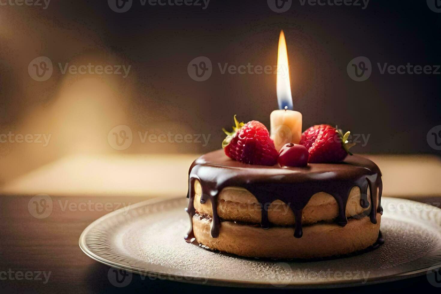 un' cioccolato torta con un' singolo candela su superiore. ai-generato foto