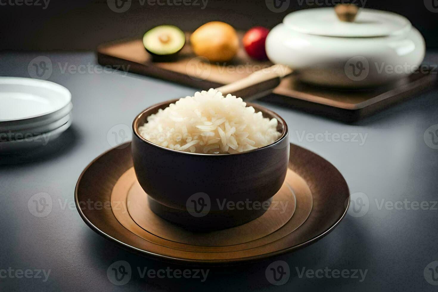 un' ciotola di riso su un' tavolo con un' ciotola di frutta. ai-generato foto