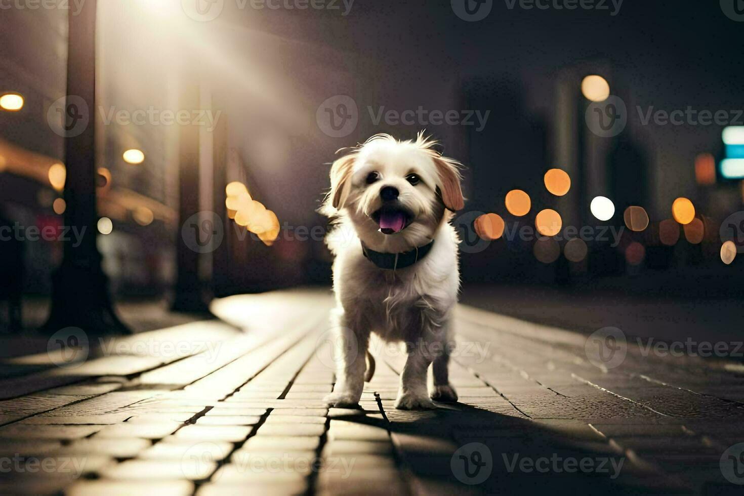 un' cane è in piedi su un' mattone marciapiede a notte. ai-generato foto