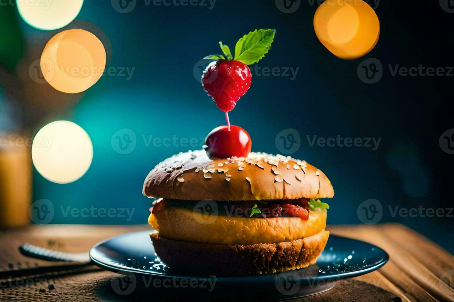 un' Hamburger con un' fragola su superiore. ai-generato foto