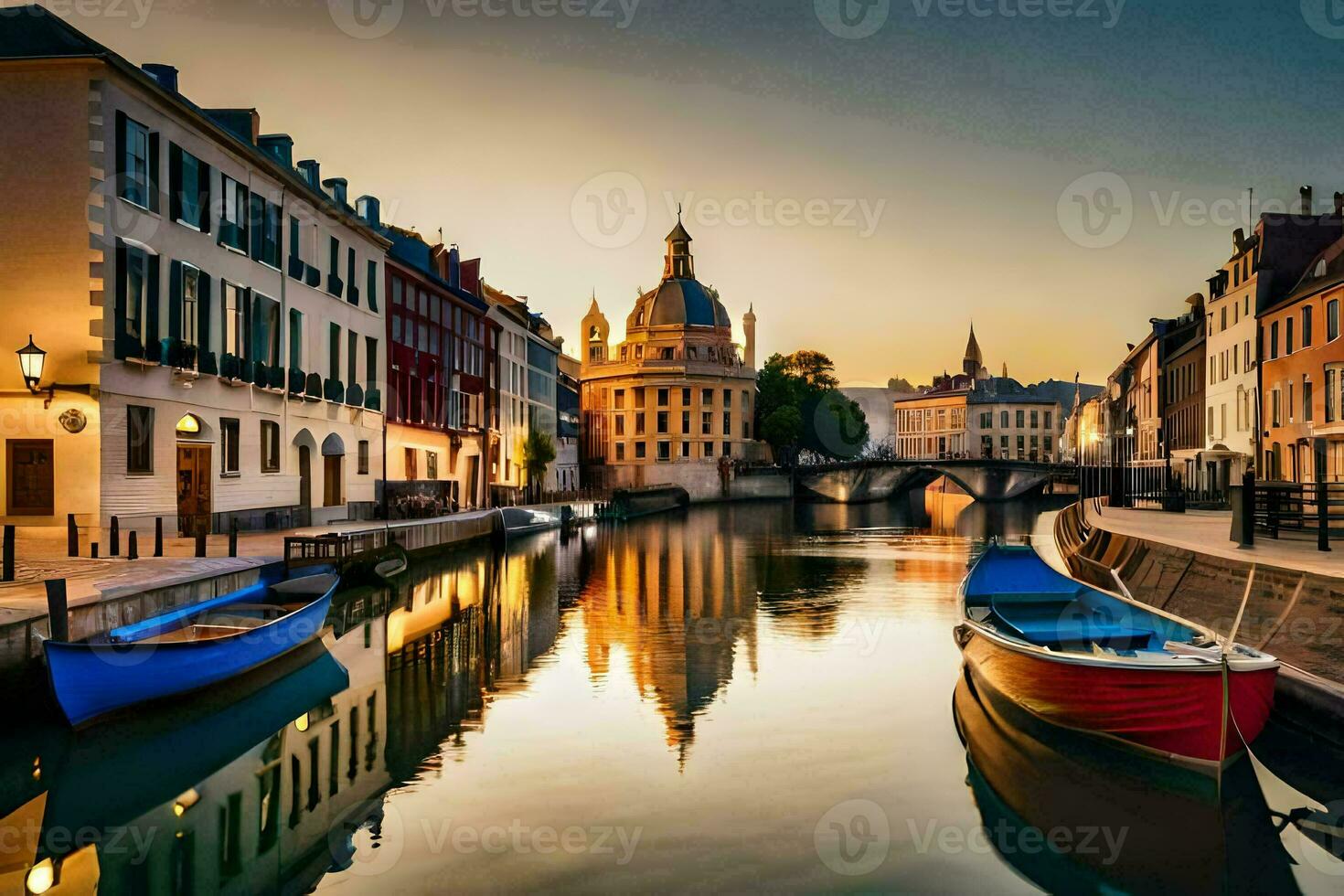 Barche siamo attraccato nel un' canale a tramonto. ai-generato foto