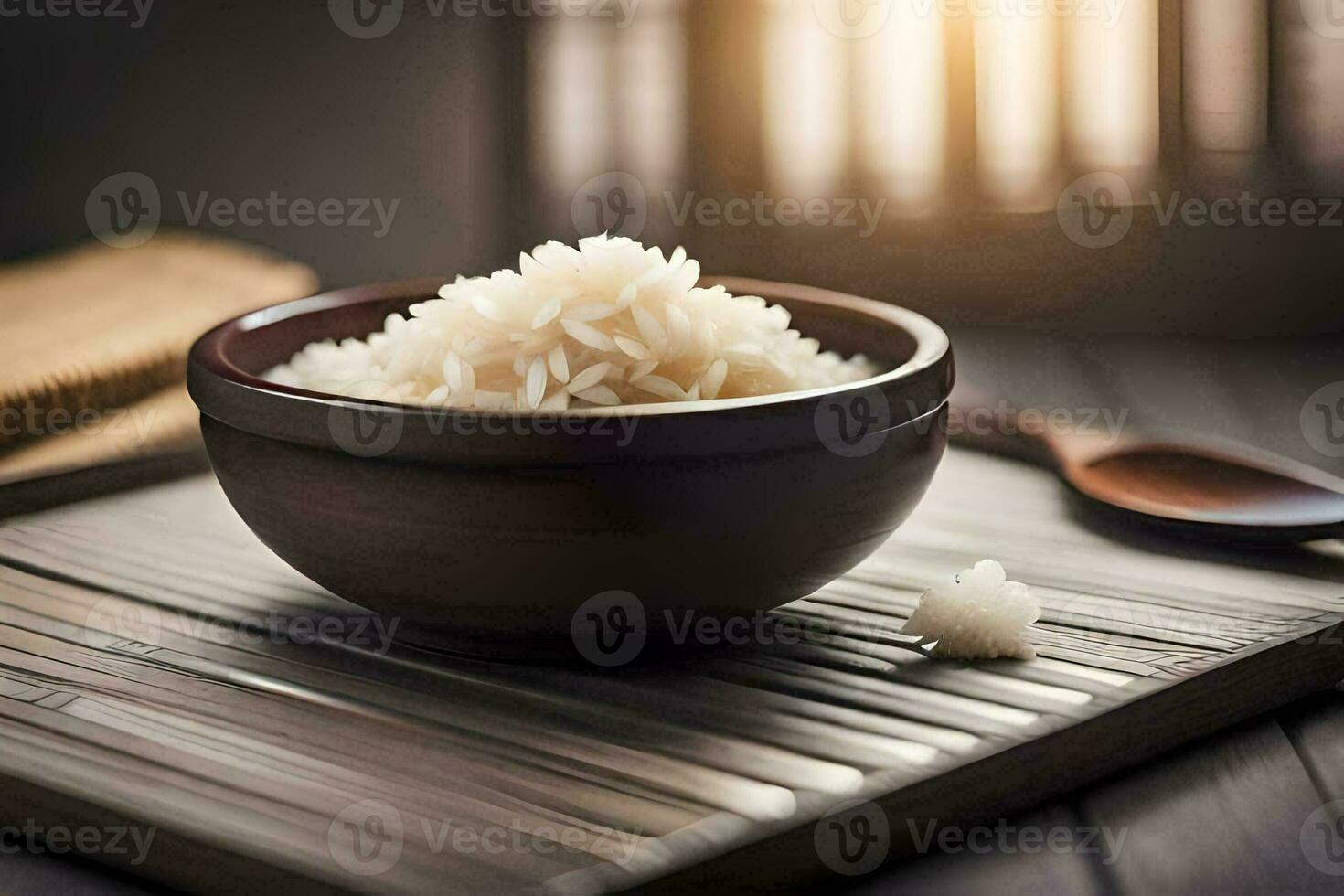 un' ciotola di riso su un' di legno tavolo. ai-generato foto
