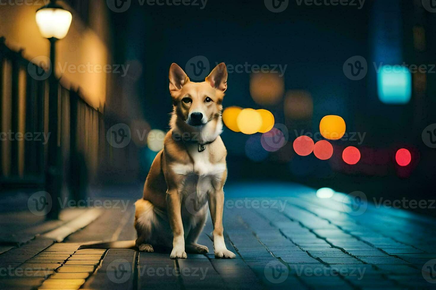 un' cane seduta su il strada a notte. ai-generato foto