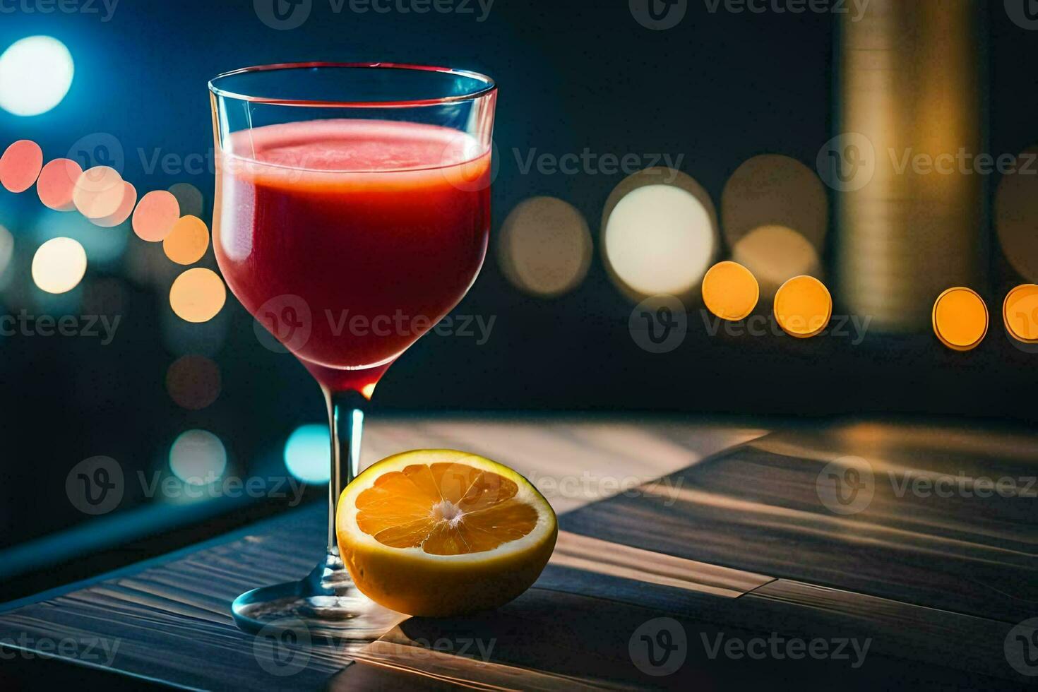 un' bicchiere di rosso succo con un' fetta di Limone su un' tavolo. ai-generato foto