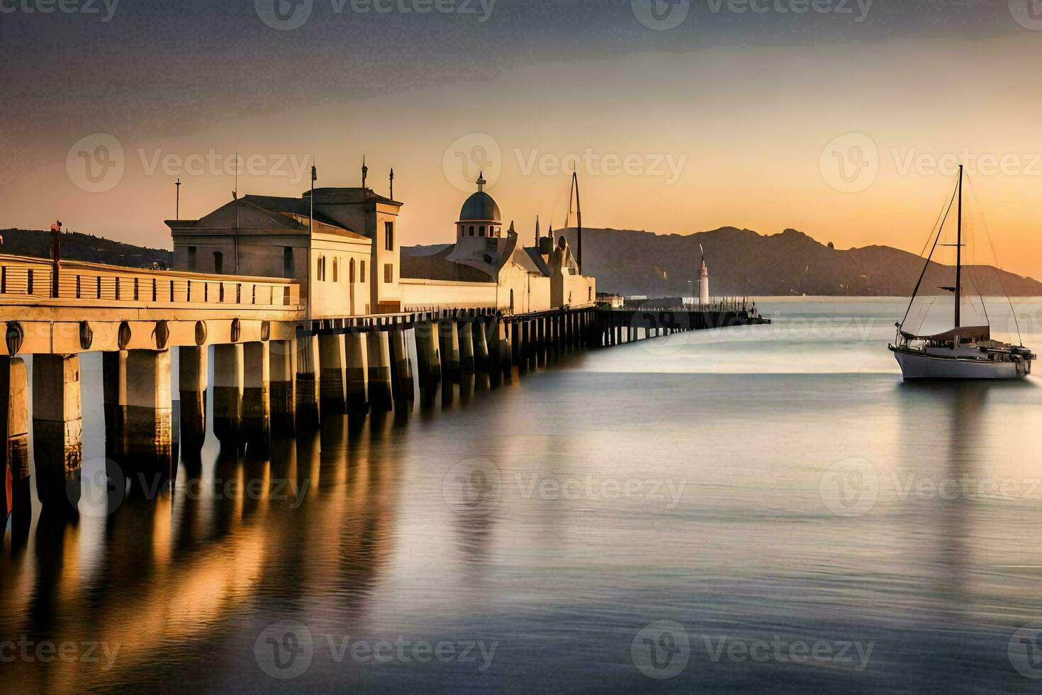 un' barca è attraccato a il molo a tramonto. ai-generato foto