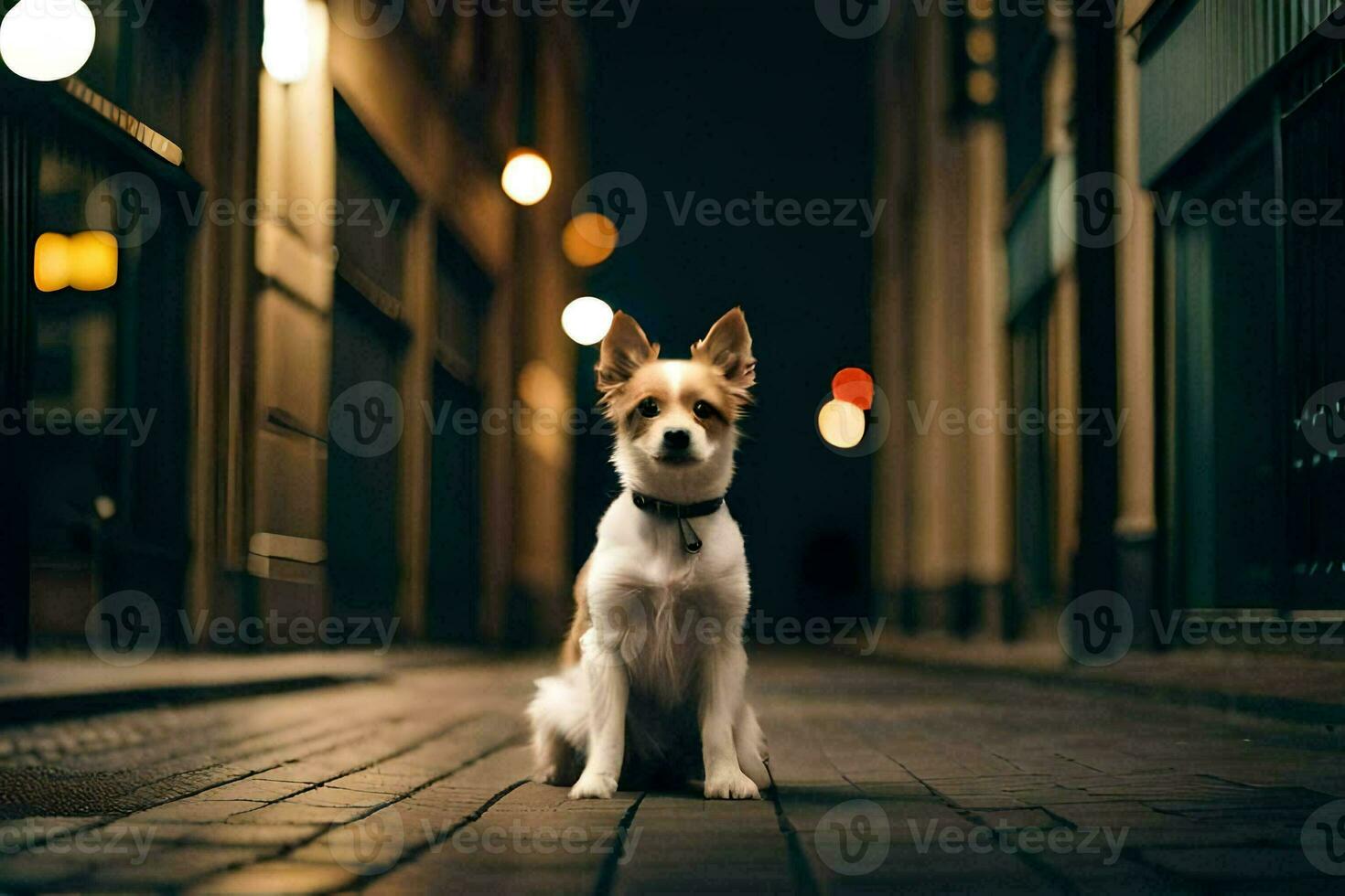 un' cane seduta su il strada a notte. ai-generato foto