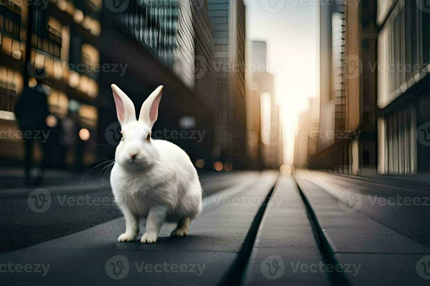 un' bianca coniglio è in piedi su il strada nel un' città. ai-generato foto