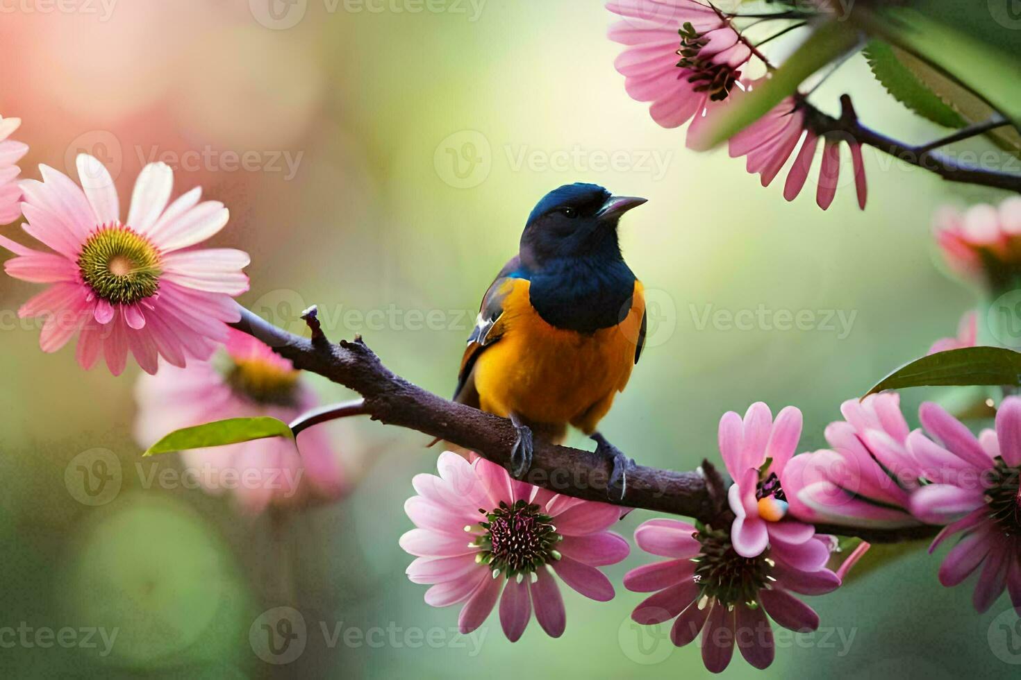 un' uccello si siede su un' ramo con rosa fiori. ai-generato foto