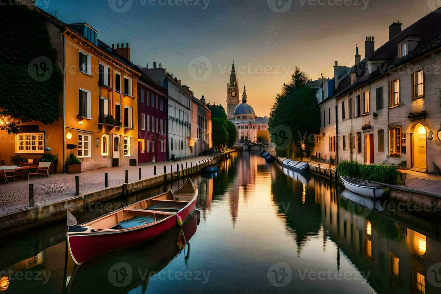 un' canale nel il mezzo di un' città a tramonto. ai-generato foto