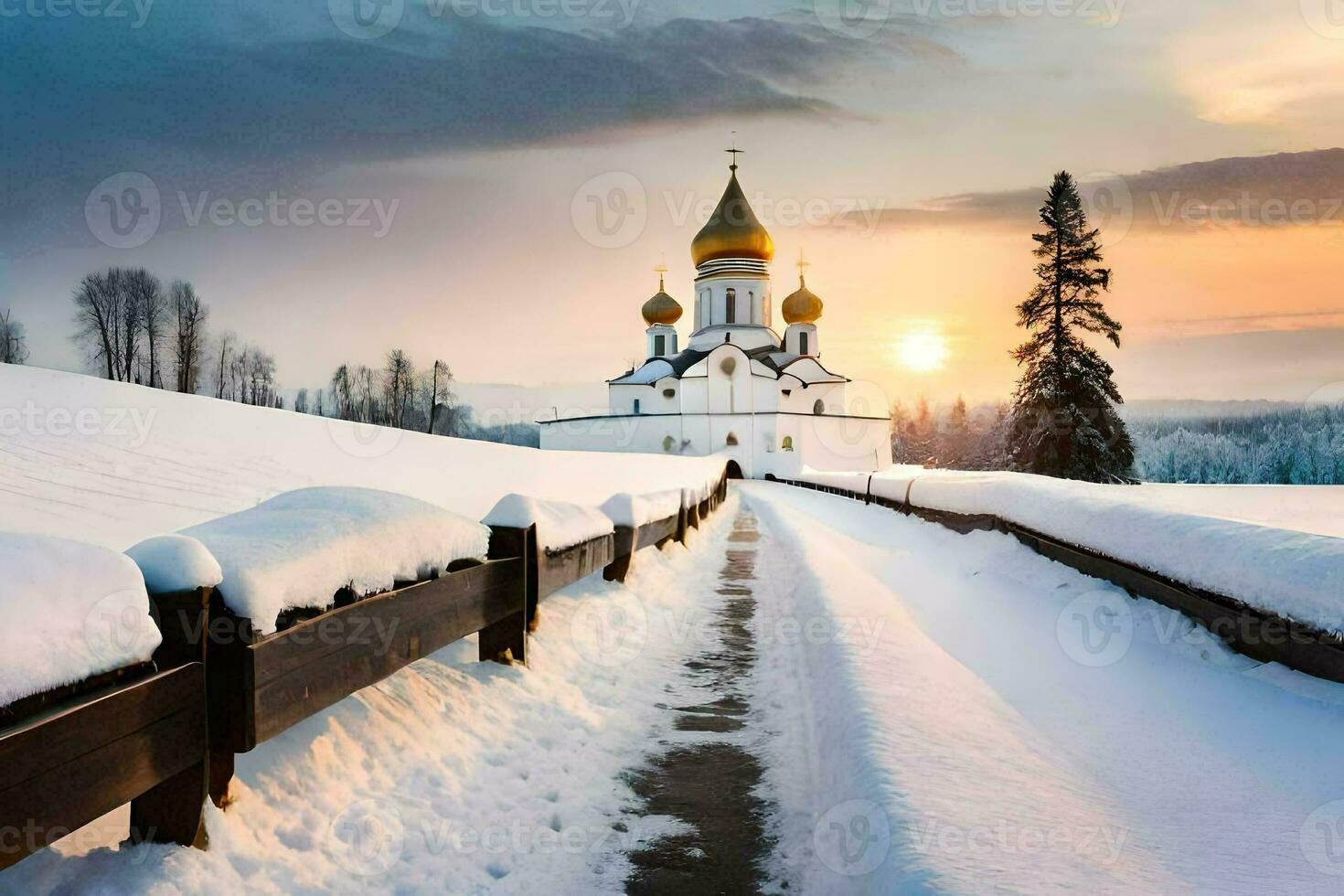 un' Chiesa nel il neve con un' sentiero principale per esso. ai-generato foto
