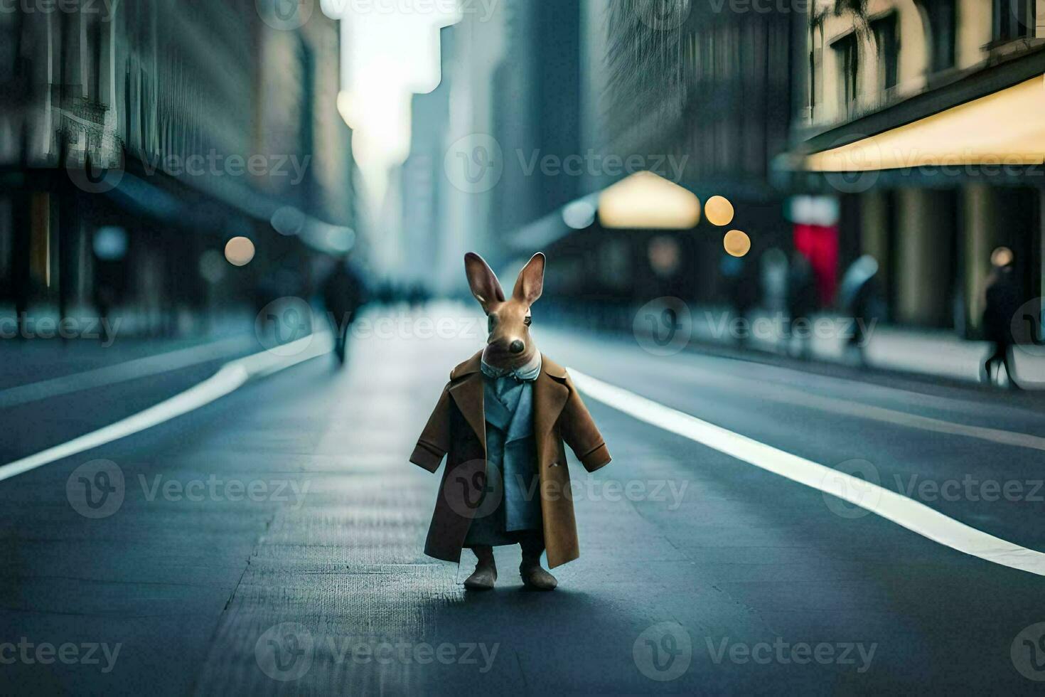 un' coniglio nel un' cappotto in piedi nel il mezzo di un' città strada. ai-generato foto