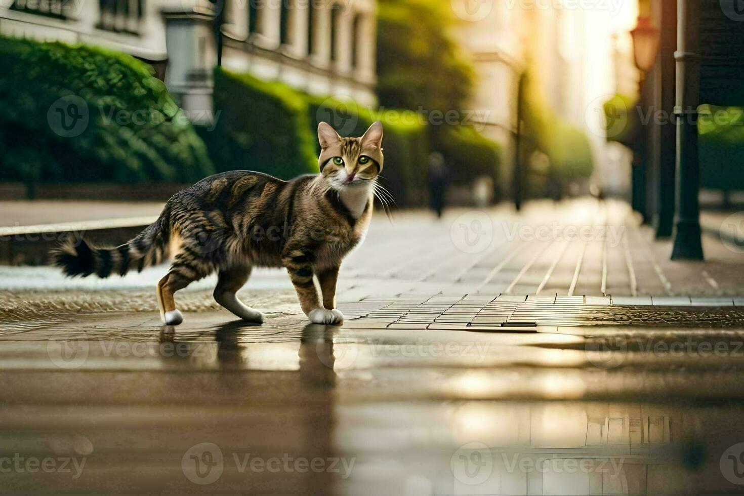 un' gatto a piedi su un' bagnato strada nel il città. ai-generato foto