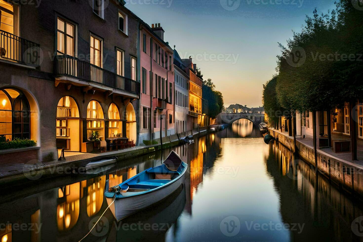 un' barca è attraccato nel un' canale a tramonto. ai-generato foto