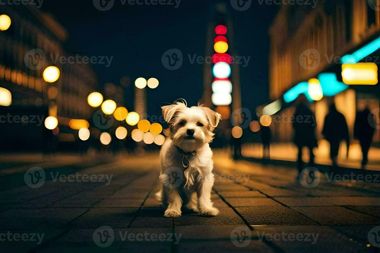 un' piccolo cane seduta su il marciapiede a notte. ai-generato foto