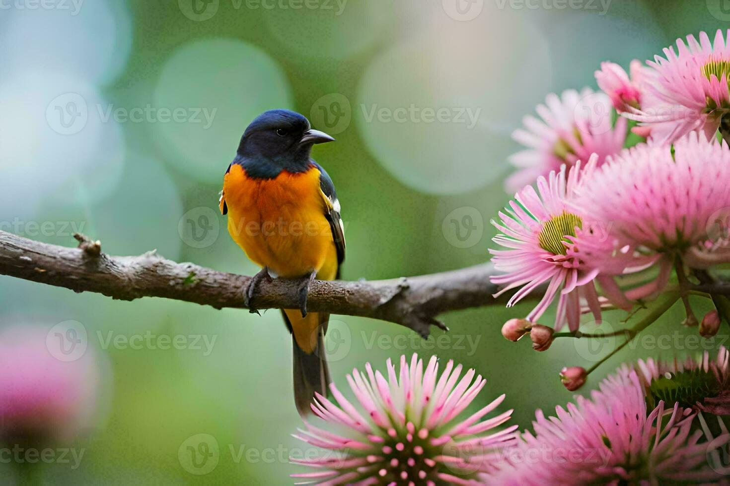 un' uccello si siede su un' ramo con rosa fiori. ai-generato foto