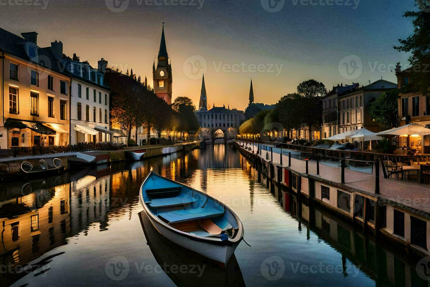 un' barca è attraccato nel un' canale a tramonto. ai-generato foto