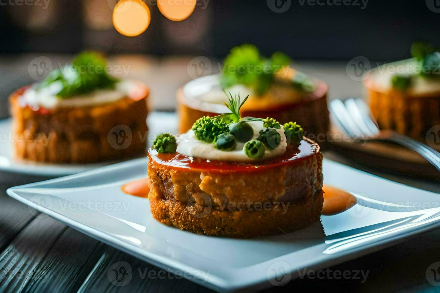 piccolo torte con formaggio e verdure su un' piatto. ai-generato foto