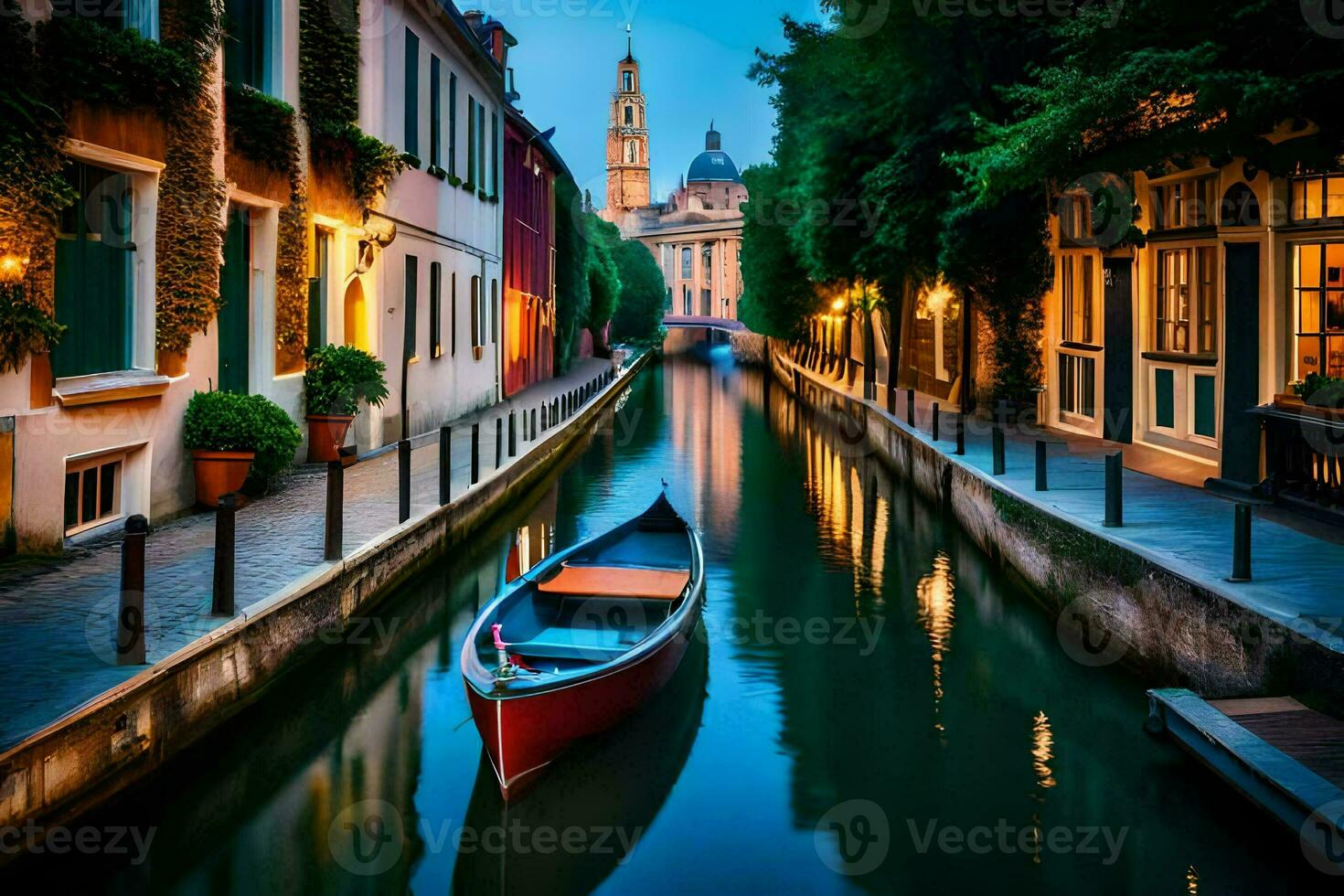 un' barca è su un' canale nel un' stretto strada. ai-generato foto