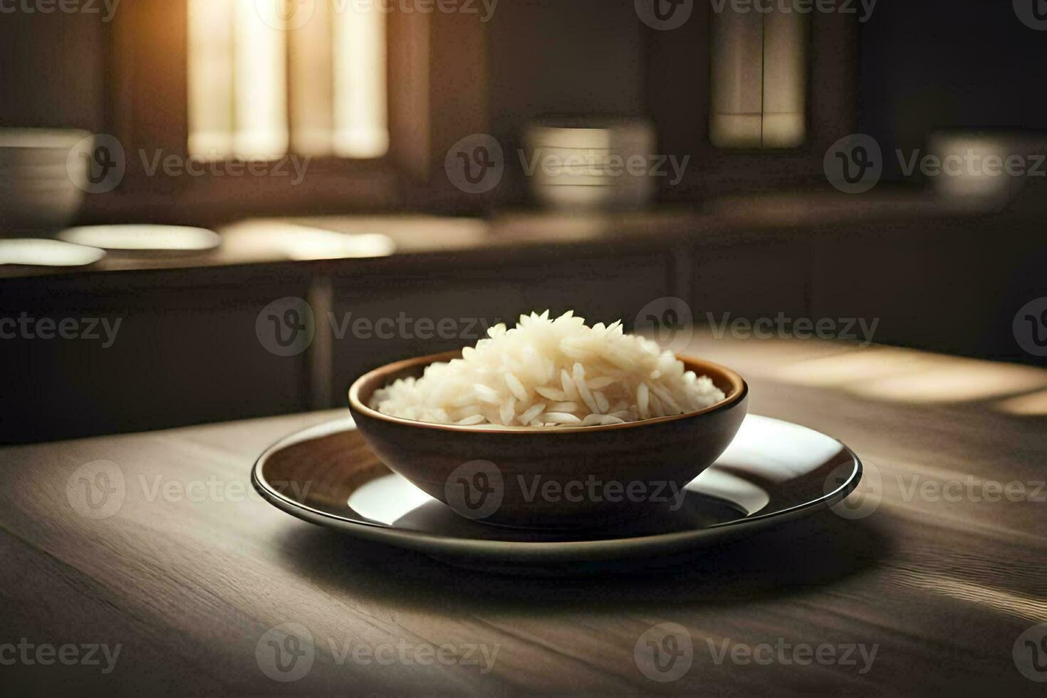 un' ciotola di riso si siede su un' tavolo nel davanti di un' finestra. ai-generato foto