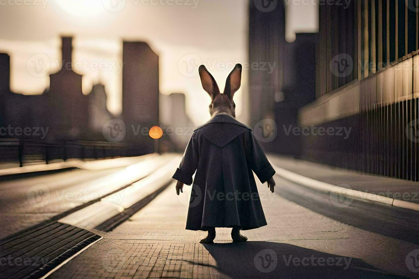 un' coniglio indossare un' cappotto e cappello sta su un' strada. ai-generato foto