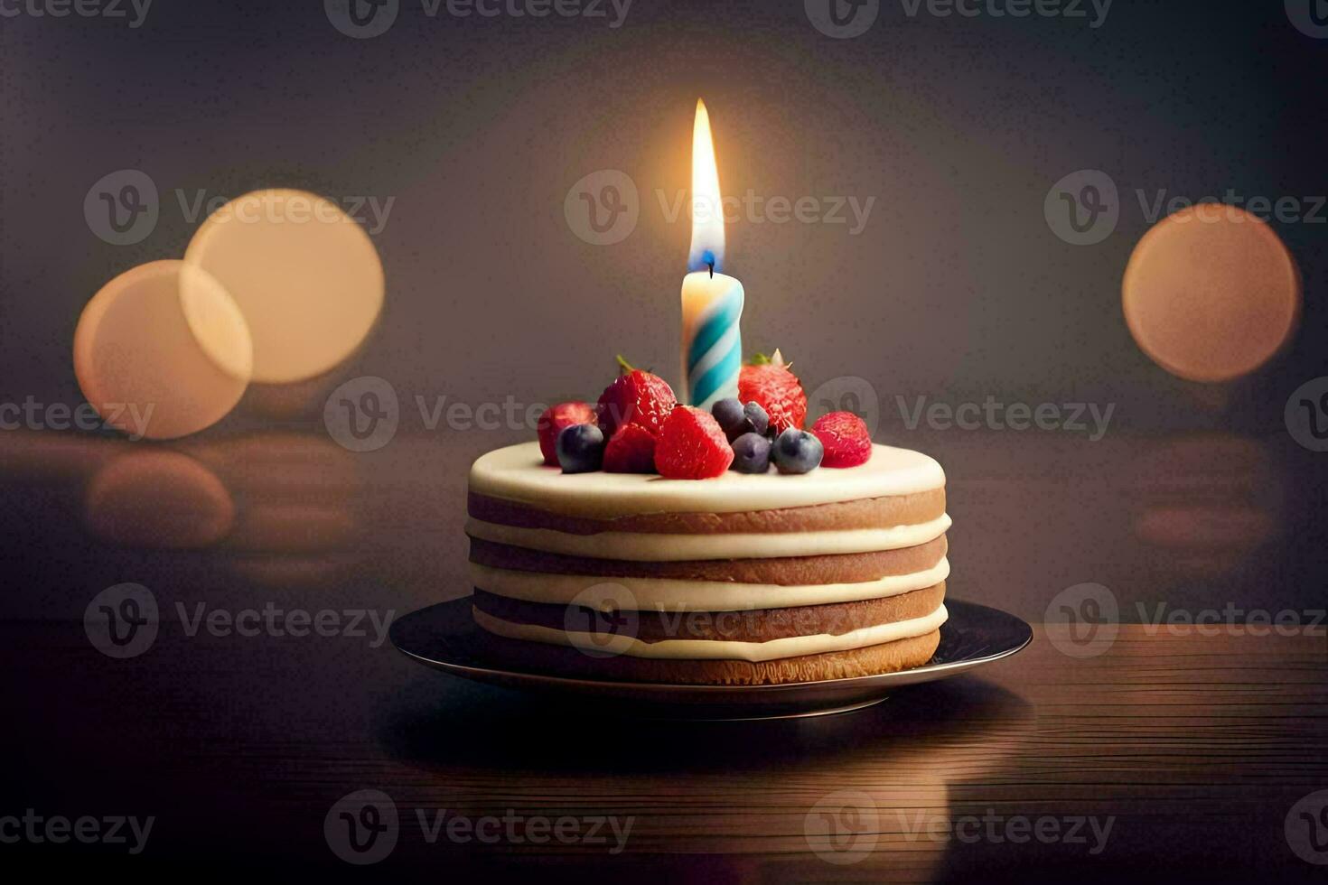 un' compleanno torta con frutti di bosco e un' illuminato candela. ai-generato foto