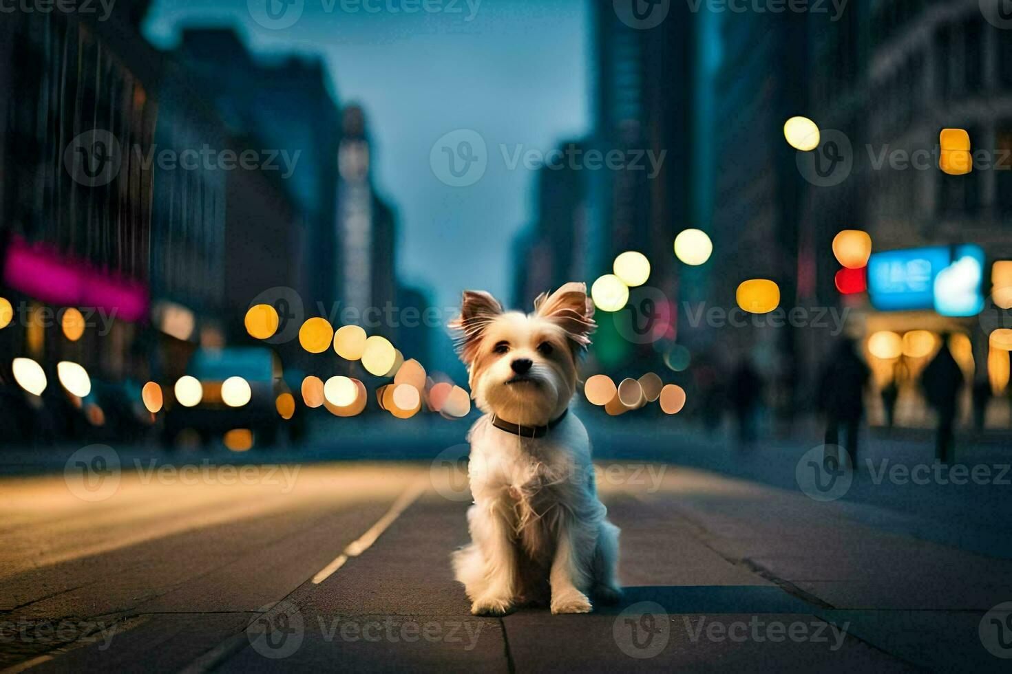 un' piccolo cane seduta su il strada a notte. ai-generato foto