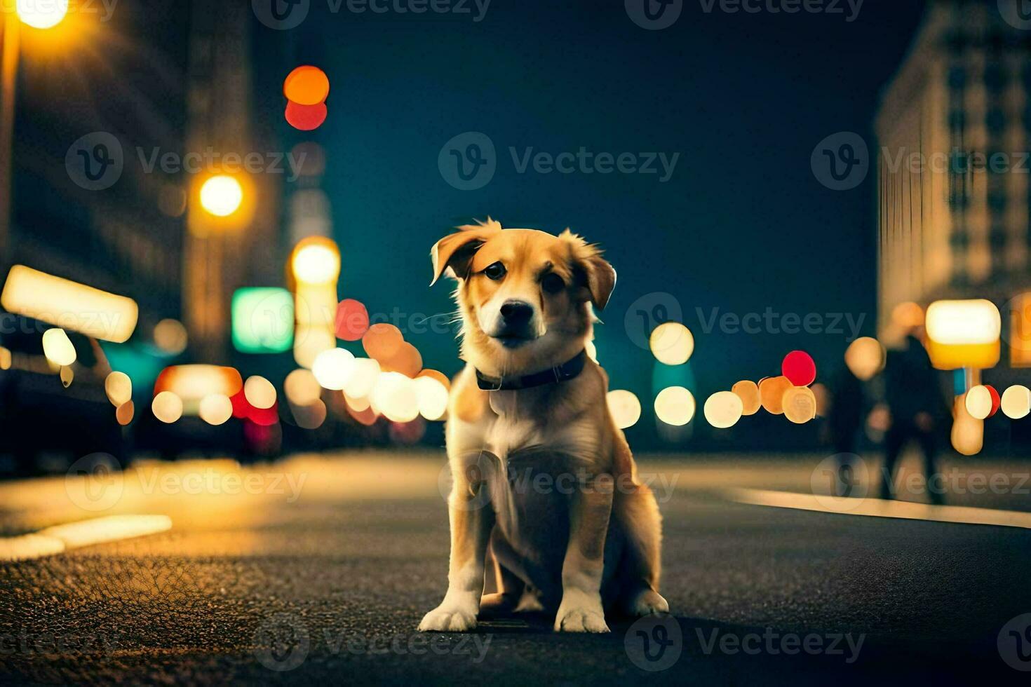 un' cane seduta su il strada a notte. ai-generato foto