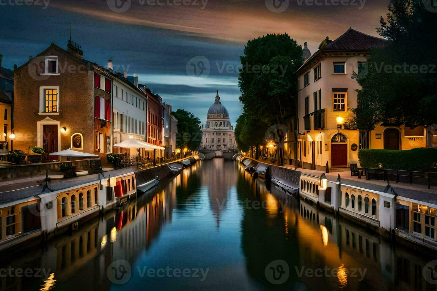 un' canale nel il mezzo di un' città a notte. ai-generato foto