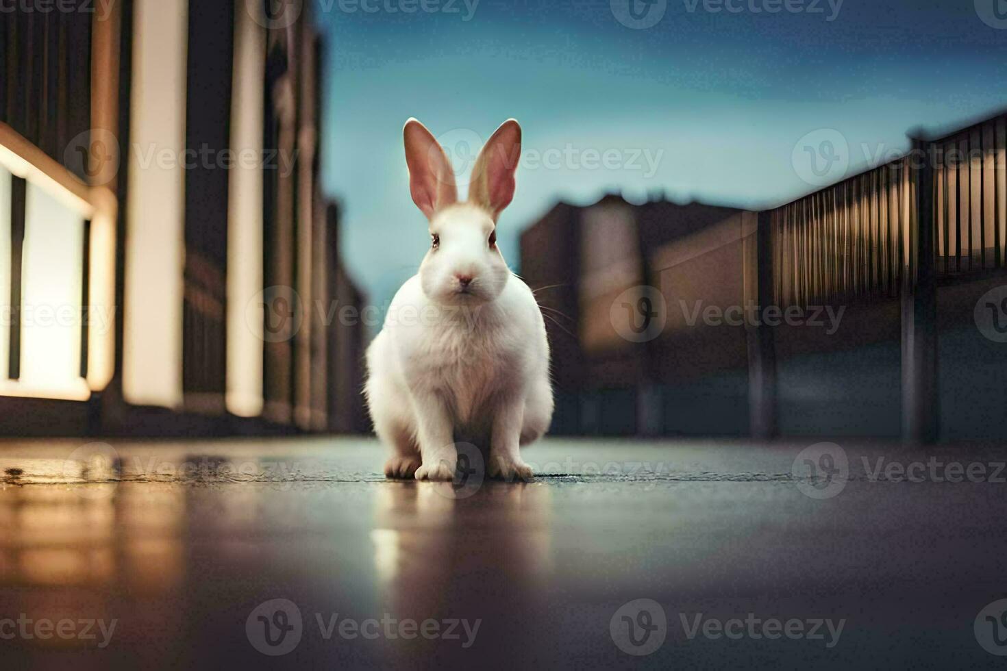 un' bianca coniglio è in piedi su un' marciapiede. ai-generato foto