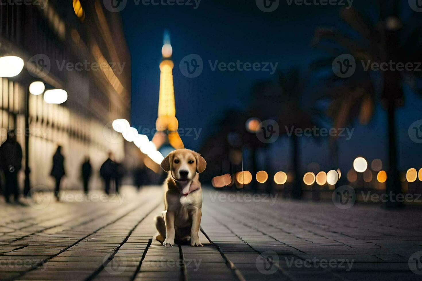 un' cane seduta su il terra nel davanti di il eiffel Torre. ai-generato foto