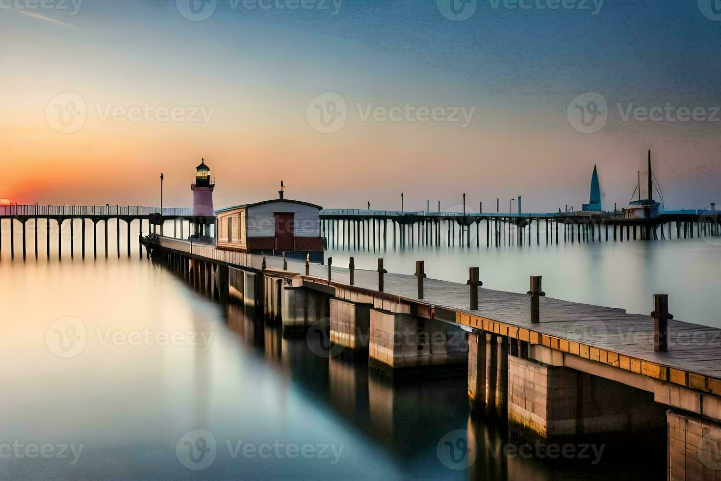 un' molo con un' faro a tramonto. ai-generato foto