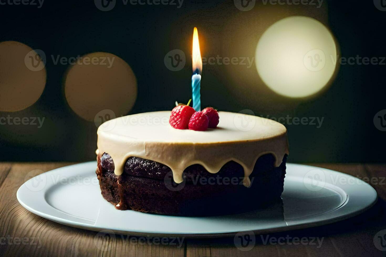 un' compleanno torta con un' singolo candela su superiore. ai-generato foto