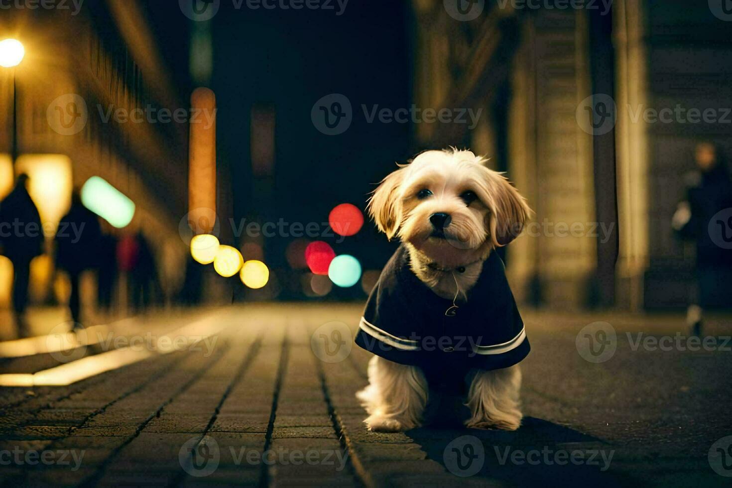 un' cane indossare un' giacca su il strada a notte. ai-generato foto