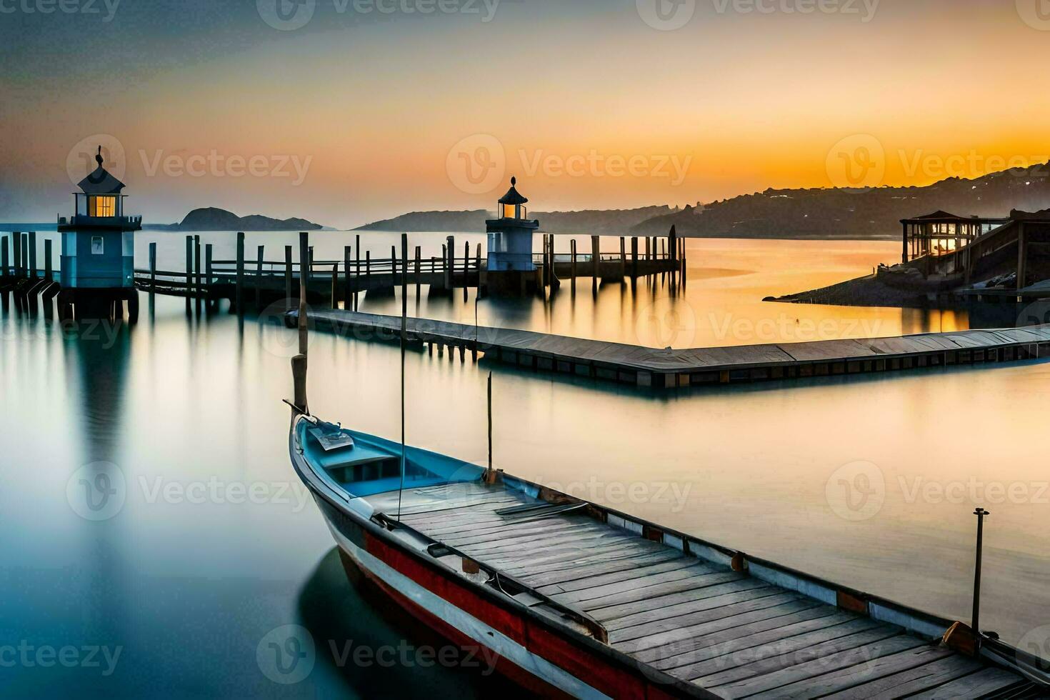 un' barca attraccato a il molo a tramonto. ai-generato foto