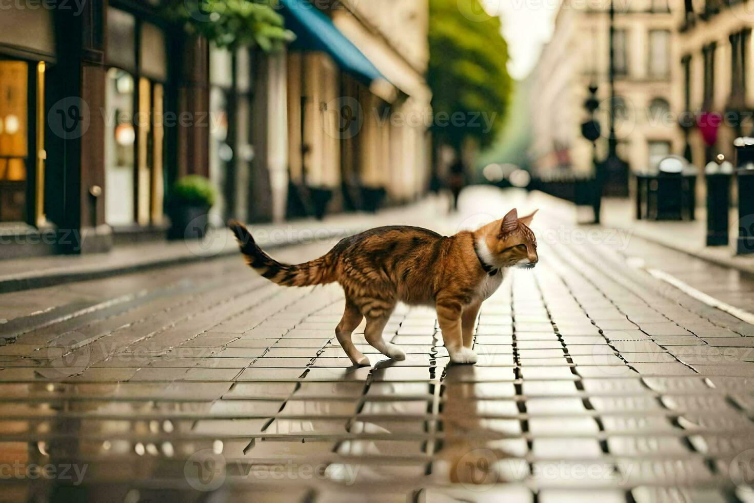 un' gatto a piedi su un' ciottolo strada. ai-generato foto