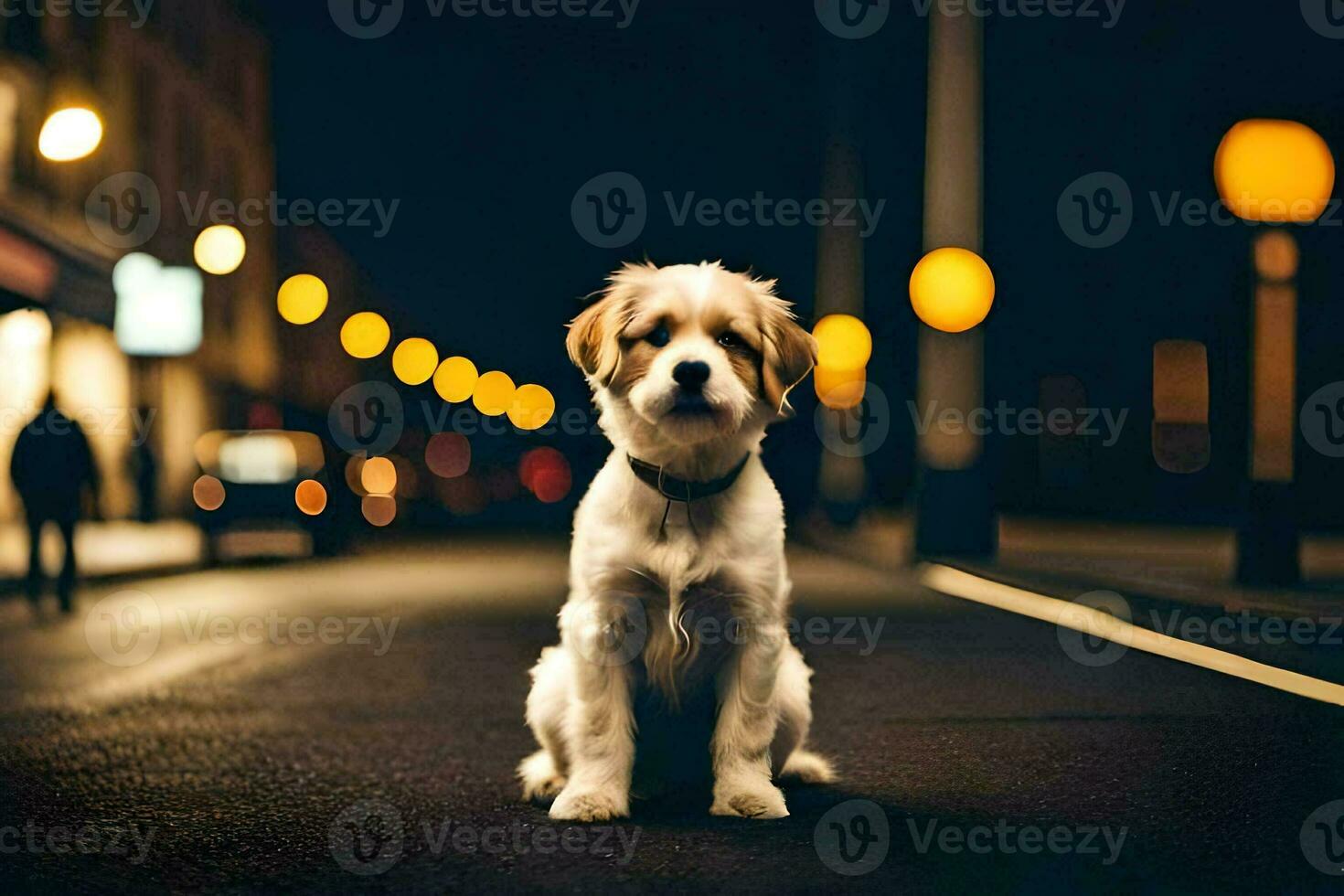 un' cane seduta su il strada a notte. ai-generato foto