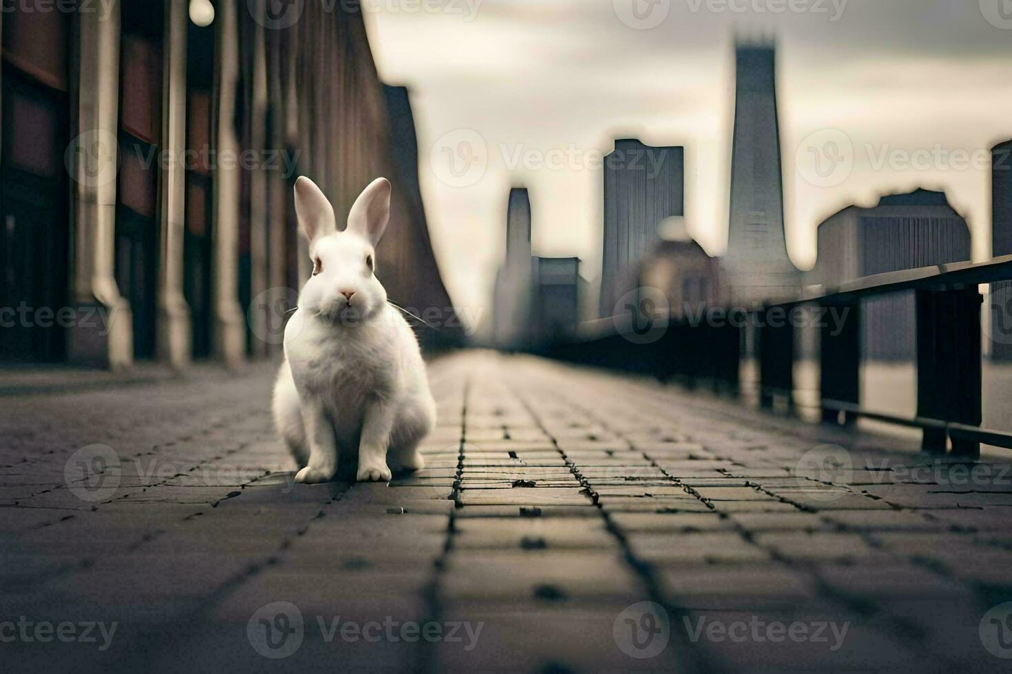 un' bianca coniglio è in piedi su un' mattone passerella nel davanti di un' città orizzonte. ai-generato foto