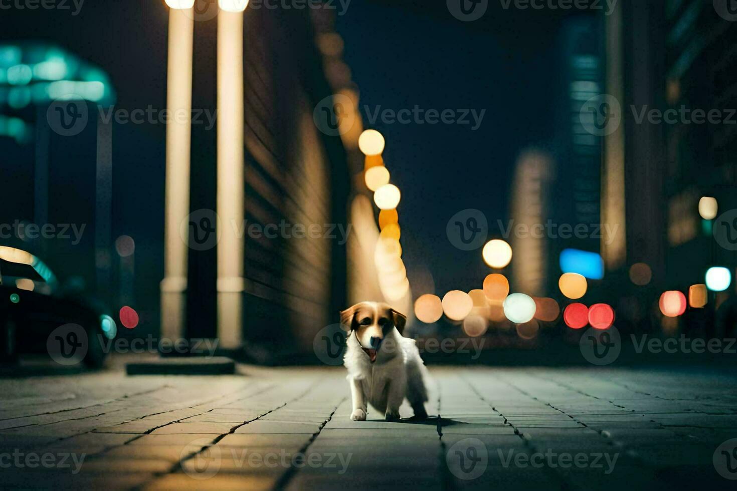 un' cane è in piedi su un' strada a notte. ai-generato foto